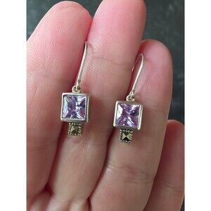925 Sterling Silver Purple CZ & Marcasite Dangling Pierced Earrings Vintage